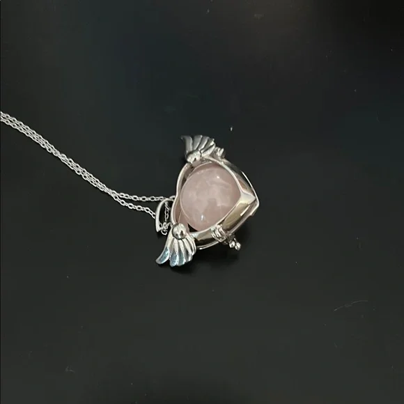 Silver Angel Heart Necklace with Rose Quartz Crystal Stone Pendant - Picture 1 of 3